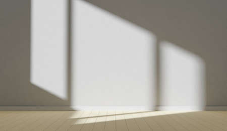 empty room wall illuminated by window and light wooden floor. 3d renderの写真素材