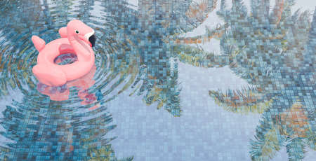 flamingo float on the water surface of a tiled swimming pool with palm trees reflected on it on a sunny day. summer background, holiday concept. 3d renderの写真素材