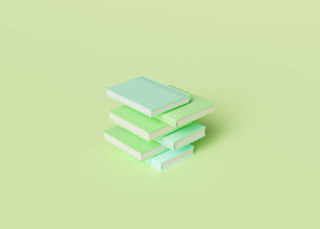 stacked and messy books with pastel green and blue tones. minimal scene. education concept. 3d renderの写真素材