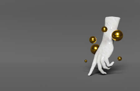 white marble hand walking on dark background with golden spheres around it and space for text. 3d renderの写真素材