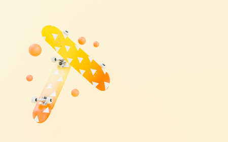 skateboards floating in the air with triangle pattern design and pastel color and spheres around....
