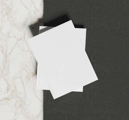 mockup of white books on dark surface and marble on one side. 3d render
