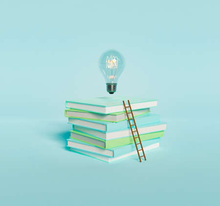 stack of pastel colored books with wooden ladder and illuminated light bulb on top of them. 3d...