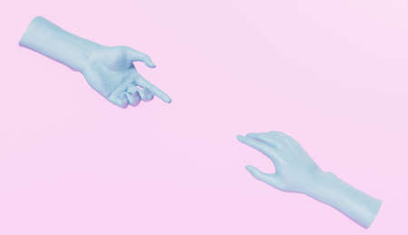 blue plaster hands trying to touch each other with empty center for product display. 3d renderの写真素材