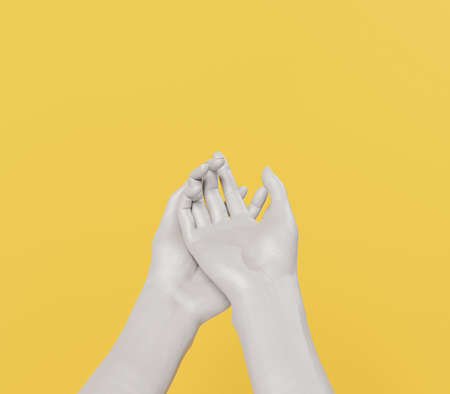 gray hands on yellow background in the shape of a bowl. 3d renderの写真素材