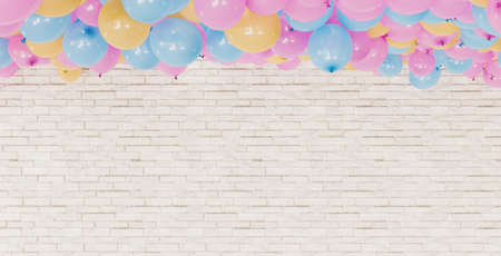 white brick wall with many colorful balloons stacked on top. greeting card. 3d renderの写真素材