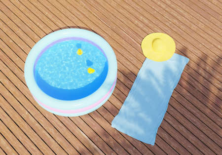 small inflatable pool in a backyard with wooden floor and towel on the ground. 3d renderの写真素材