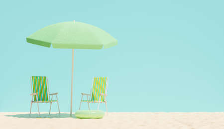 beach chairs with umbrella on sand and blue background wall. copy space. 3d renderの写真素材