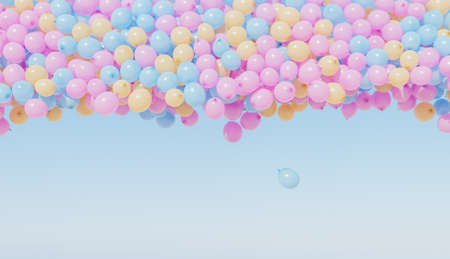 background full of pastel colored balloons flying with clear sky and space for text. 3d renderの写真素材