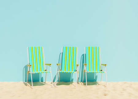empty beach chairs on sand with blue wall background. summer background. 3d renderの写真素材