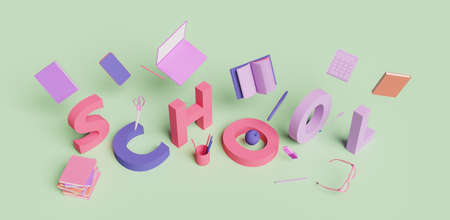 isometric sign with the word SCHOOL and school accessories around it. minimalistic scene. back to school. 3d renderの写真素材