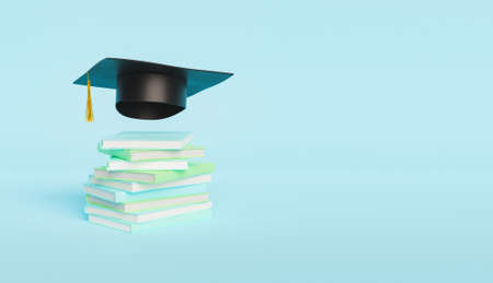 stack of books with graduation hat floating on top with pastel colors and space for text. education concept. 3d renderの写真素材