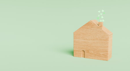 wooden house with green hearts coming out of chimney on green background with space for text. 3d renderの写真素材