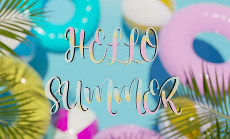 summer welcome sign with gradient lettering and blurred background of floats and beach balls. 3d...