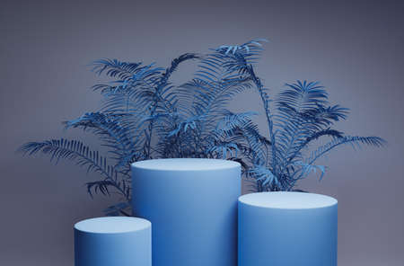 cylindrical podium for product display with plants behind. monochromatic blue scene. 3d renderの写真素材