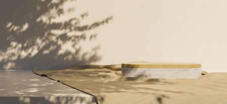 marble stand for product presentation on beige fabric with tree shadows on one side. 3d renderの写真素材