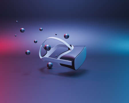 virtual reality goggles with spheres floating around and dark background with neon illumination. abstract scene. futuristic gaming concept. 3d renderの写真素材