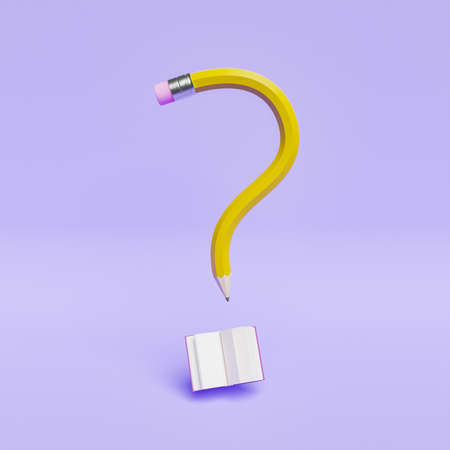 question mark pencil with open book on pastel purple background. minimal scene, concept of education, curiosity, ideas. 3d renderの写真素材