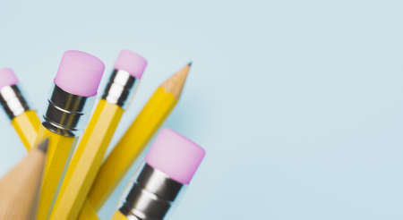 closeup of pencil eraser with several blurred pencils around it. macro scene. concept of education,...