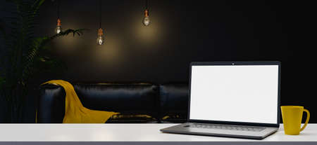 mockup of laptop on empty table with a dark and elegant room behind. concept of work and education at home, office and workspace. 3d renderの写真素材