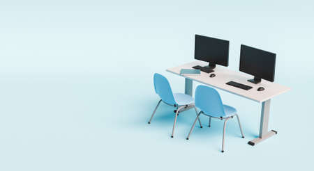 desk with computers and chairs on minimalist blue background with space for text. concept of education, e-learning and back to school. 3d renderの写真素材