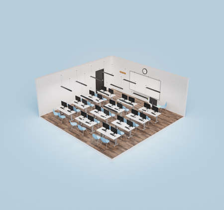 isometric view of a cube with a modern classroom with computers on the desks and blank whiteboard. concept of education, back to school and technology. 3d renderの写真素材