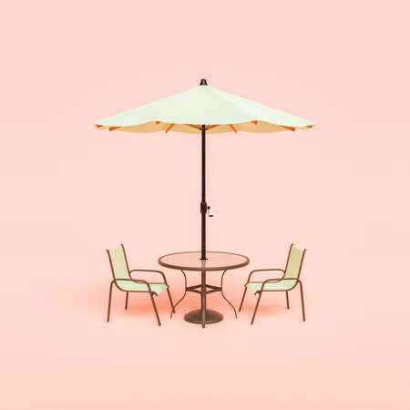minimal scene of terrace table with chairs and big umbrella on pastel color background. 3d renderの写真素材