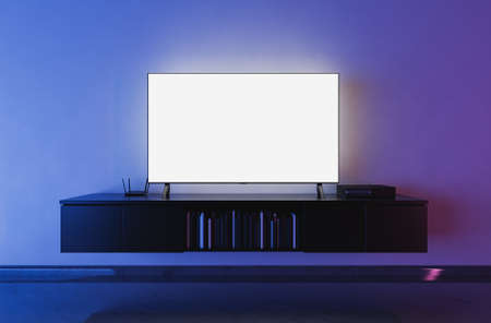 front view of a white backlit television mockup in a living room with blue and red lighting. 3d...