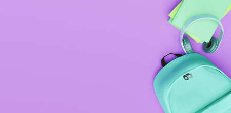 top view of backpack with books and headphones on purple background with space for text. concept of...