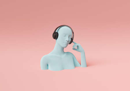 female bust enjoying music with her eyes closed and headphones on. minimal pastel color scene. 3d...
