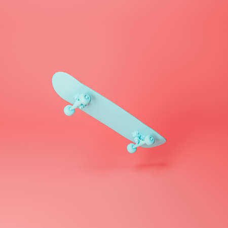 skateboard suspended in the air with pastel color on red background. minimal urban and sport concept. 3d renderの写真素材