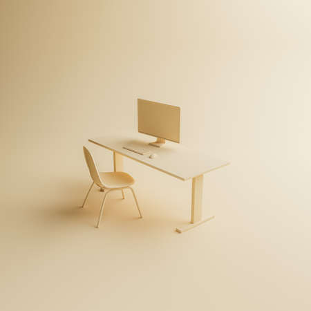 beige scene of a minimalist desk with monitor and keyboard on a soft background with side lighting....