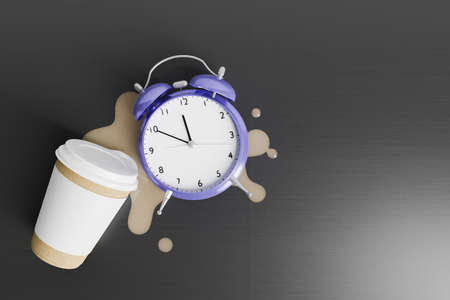 alarm clock over spilled coffee and a cardboard cup next to it. concept of getting up early, going...