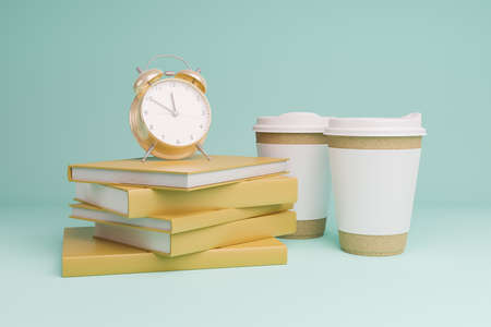 alarm clock on a pile of books and coffee cups next to it. concept of education, back to school and studying. 3d renderの写真素材