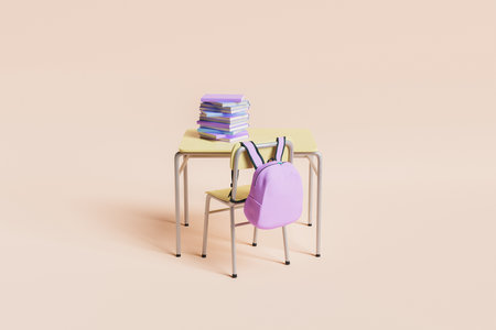 school desk full of books with pink backpack hanging on the chair on pastel beige background. minimalistic scene. concept of education and back to school. 3d renderingの写真素材