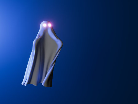 ghost with illuminated eyes on dark background with neon lighting. minimal halloween concept. 3d renderingの写真素材