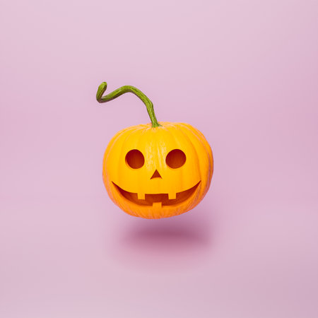 halloween pumpkin with happy face and long stem floating on minimal pink background. autumn and witches night concept. 3d renderingの写真素材
