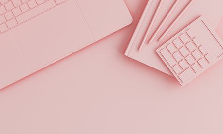 minimal pink background with top view of a laptop, calculator and book. concept of education, workspace and study. 3d renderingの写真素材