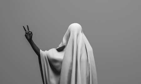 ghost waving with a black hand on gray background. halloween concept. 3d rendering