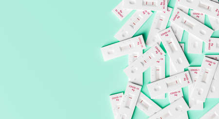 background with many antigen tests stacked on one side.  immunization and travel. 3d rendering