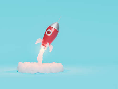 toy rocket taking off with smoke coming out of it. concept of education and success. 3d renderingの写真素材