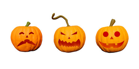 Halloween pumpkins with faces isolated on white background. happiness, fear and terror. 3d renderingの写真素材