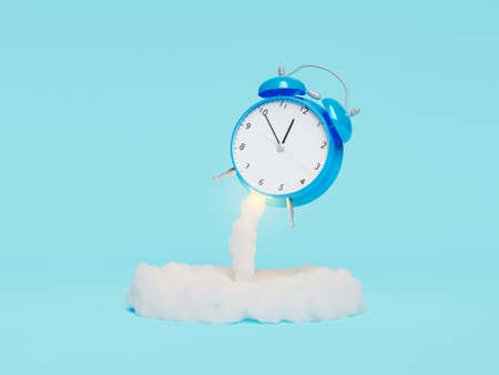 alarm clock rocket taking off with smoke coming out of it. minimal concept of time flies. 3d...
