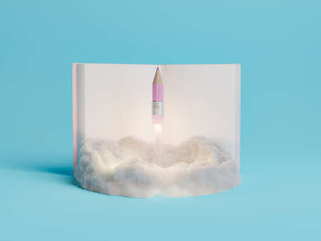 open book with a rocket pencil taking off in front with smoke coming out. concept of education,...