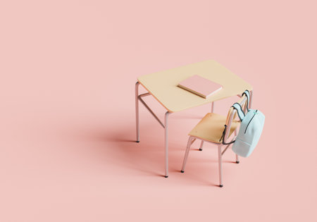 school desk with book and backpack on minimalist background and space for text. concept of education and back to school. 3d renderingの写真素材