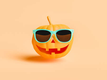 pumpkin with a happy face and sunglasses. minimal halloween concept. 3d rendering