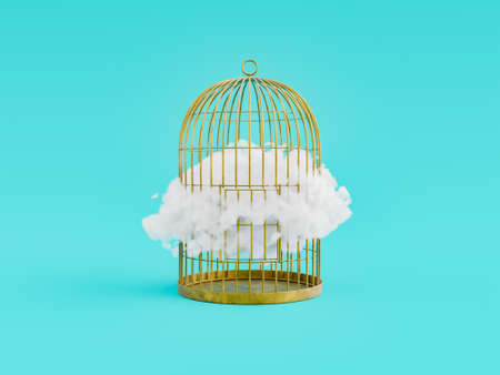 cloud inside a golden cage on a soft blue background. 3d renderingの写真素材