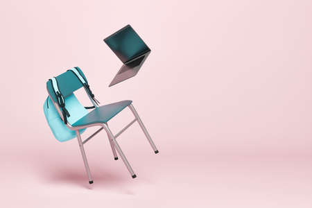 School chair with backpack and laptop floating in the air with pastel background. minimalistic...