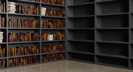 elegant library corner with one side of the shelves empty and the other full of books. 3d renderingの写真素材