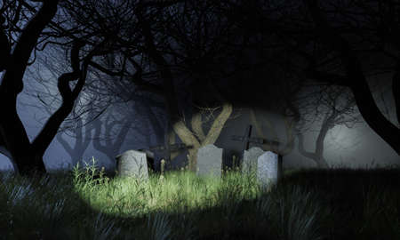 cemetery illuminated by a lantern in a terrifying forest with foggy background. halloween concept. 3d renderingの写真素材